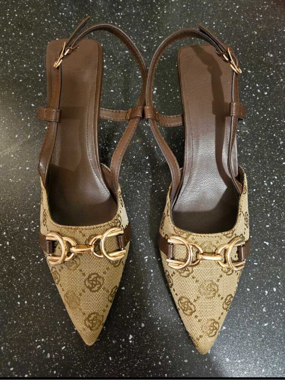 SHEIN Beige Brown Patterned Pointed-Toe Slingback Heels
